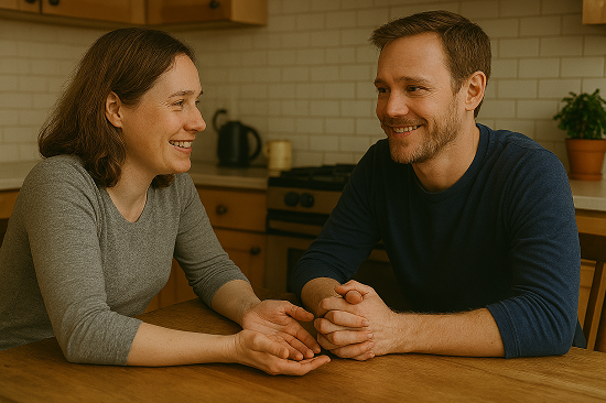 A couple happily discussing a topic