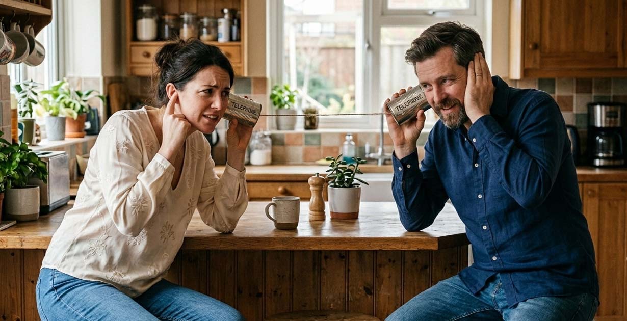 A couple trying to communicate using tin can telephones in their kitchen