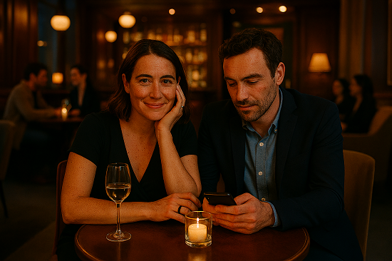 A couple observing others at a sophisticated bar setting