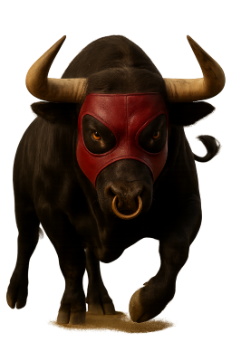 An angry bull wearing a mask and about to charge