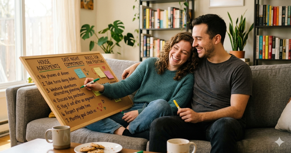 A couple sitting together reviewing handwritten notes at a kitchen table