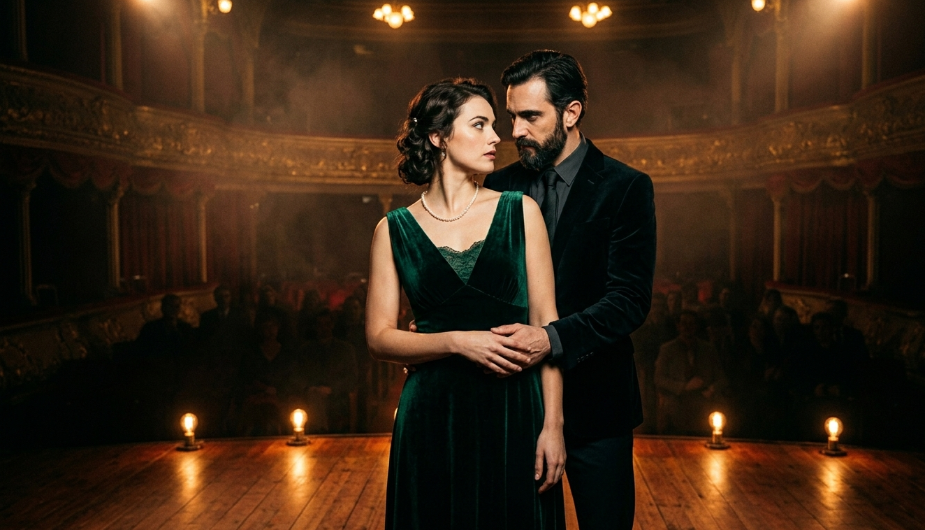 A couple stands close together on a candlelit stage while an audience watches from the dark — performance versus intimate connection