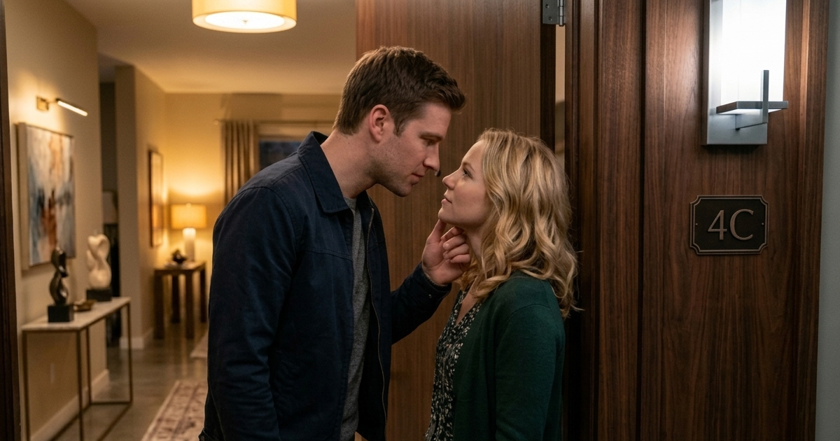 A couple at an apartment doorway, his hand under her chin in the moment before the first kiss