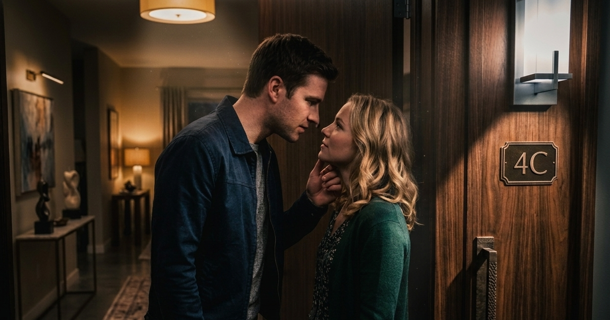 She Doesn't Need a Show Part 2 - A couple at an apartment doorway in the moment before the first kiss