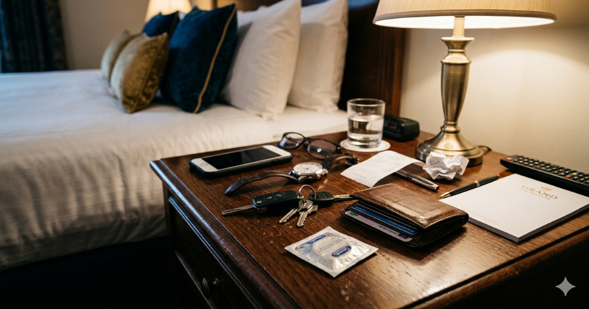 A couple's bedside table with personal items