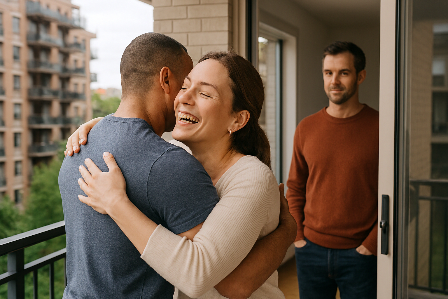 Wife embracing male friend as husband watches from a distance