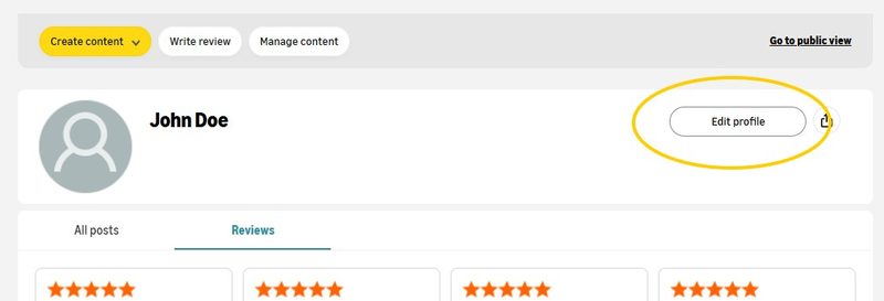 Amazon profile page with the 'Edit your public profile' button highlighted