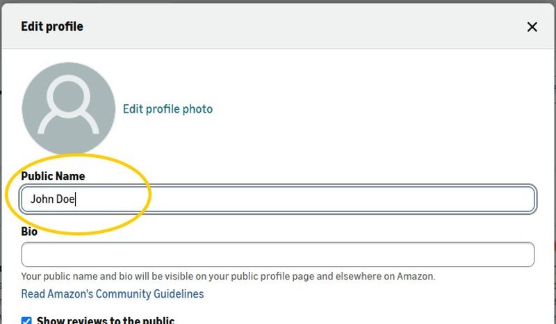 Amazon public-profile edit form with the 'Your public name' field highlighted